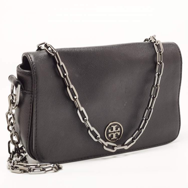 Pre Owned Tory Burch Black Leather Robinson Flap Crossbody Bag