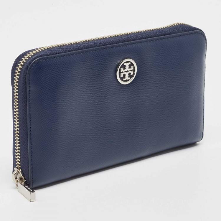 Pre Owned Tory Burch Blue Leather Robinson Zip Around Wallet