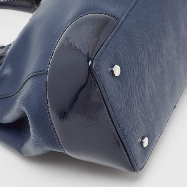 Pre Owned Tory Burch Blue Patent And Leather Robinson Middy Satchel