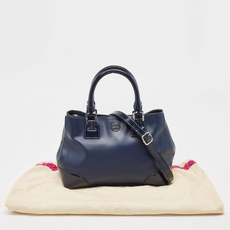 Pre Owned Tory Burch Blue Patent And Leather Robinson Middy Satchel