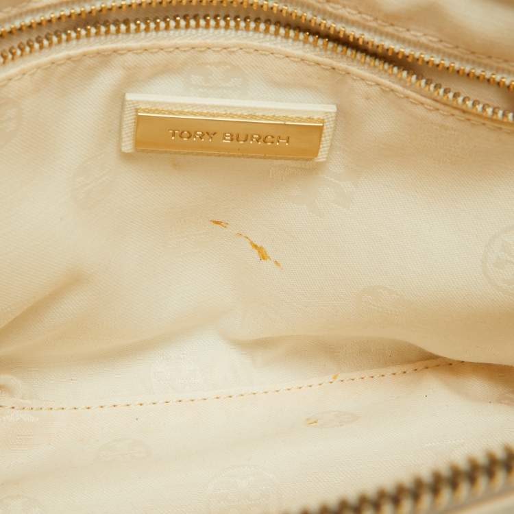 Pre Owned Tory Burch Off White Leather Mini Robinson Double Zip Tote