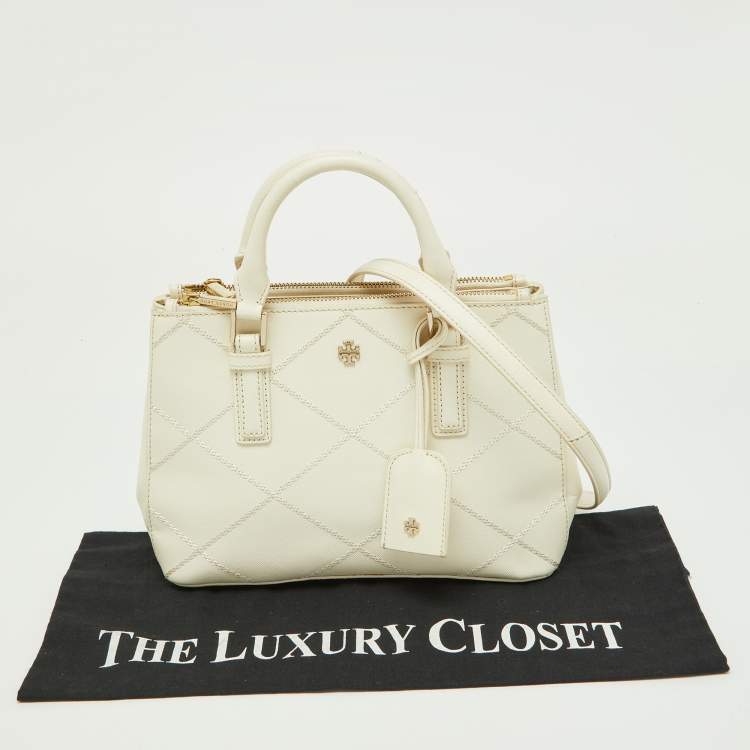 Pre Owned Tory Burch Off White Leather Mini Robinson Double Zip Tote