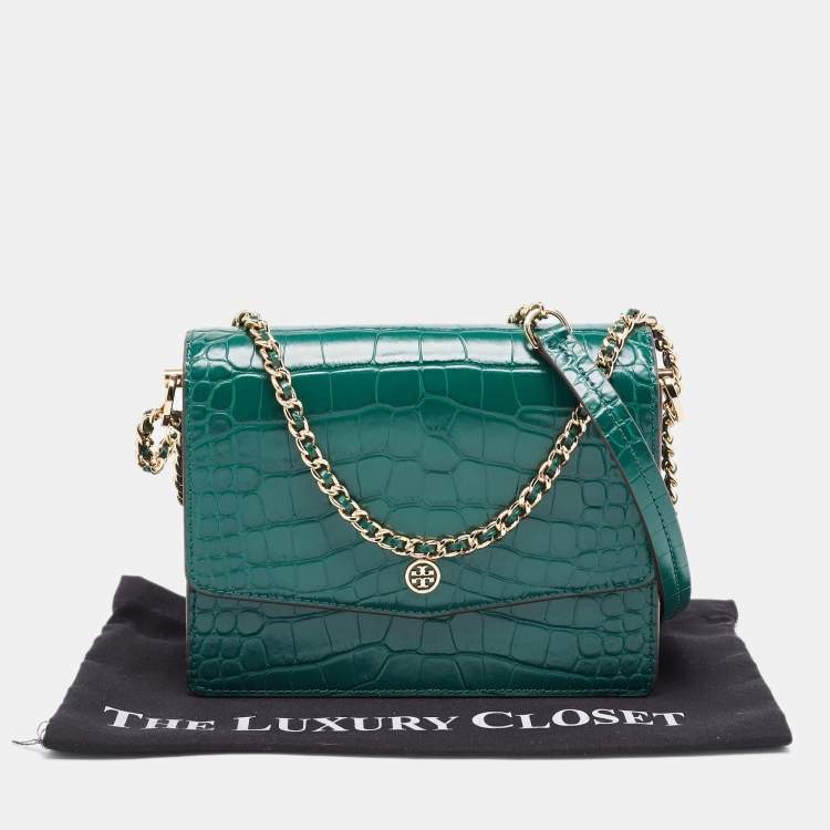 Pre Owned Tory Burch Green Croc Embossed Leather Emerson Crossbody Bag