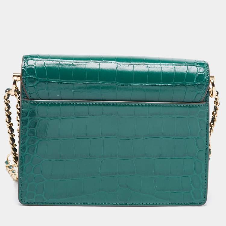 Pre Owned Tory Burch Green Croc Embossed Leather Emerson Crossbody Bag