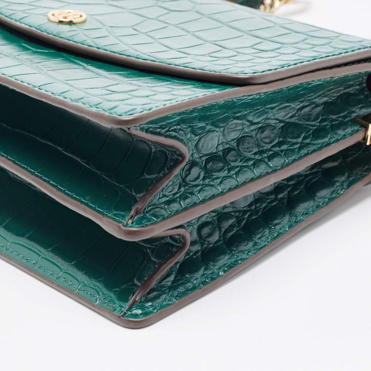 Pre Owned Tory Burch Green Croc Embossed Leather Emerson Crossbody Bag