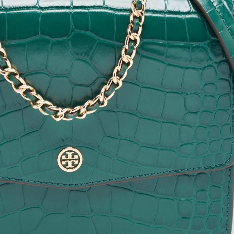 Pre Owned Tory Burch Green Croc Embossed Leather Emerson Crossbody Bag