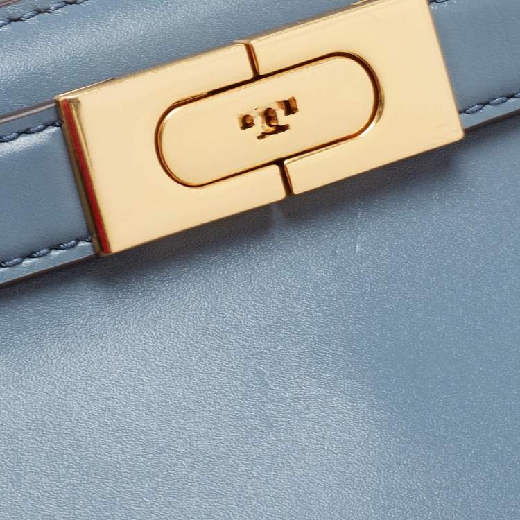 Pre Owned Tory Burch Light Blue Leather Small Lee Radziwill Top Handle Bag