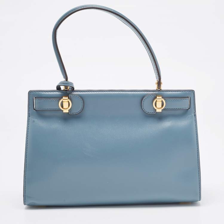 Pre Owned Tory Burch Light Blue Leather Small Lee Radziwill Top Handle Bag