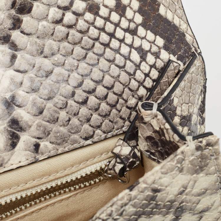 Pre Owned Tory Burch Black/Grey Python Embossed Leather Fringe Crossbody Bag