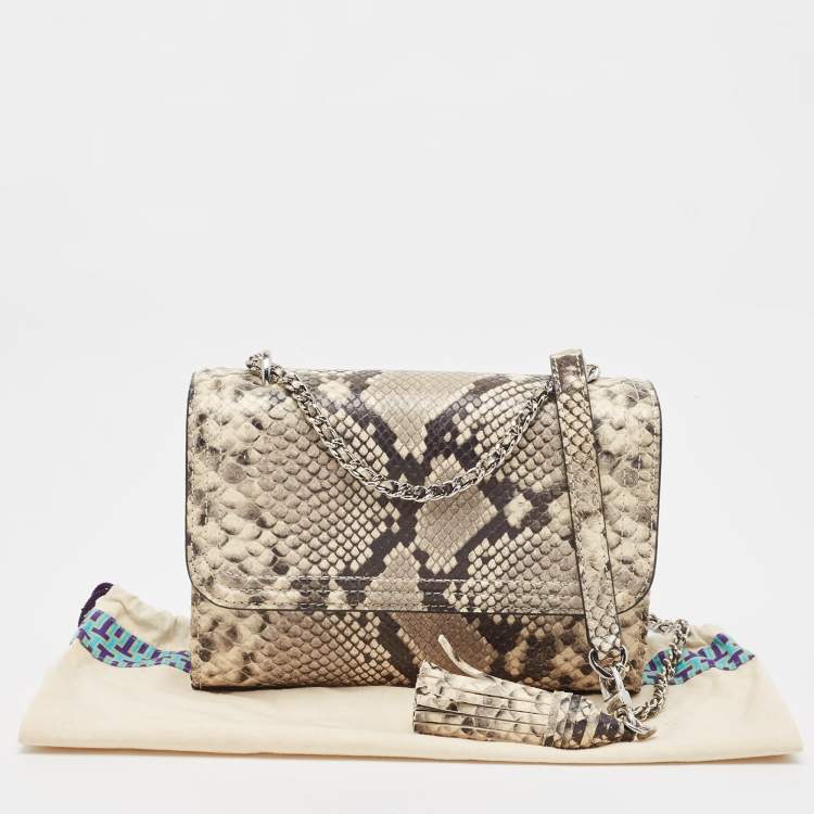 Pre Owned Tory Burch Black/Grey Python Embossed Leather Fringe Crossbody Bag