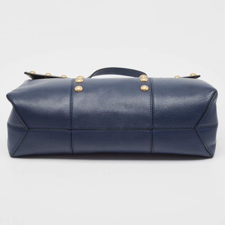 Pre Owned Tory Burch Navy Blue Leather Block-T Studded Top Handle Bag