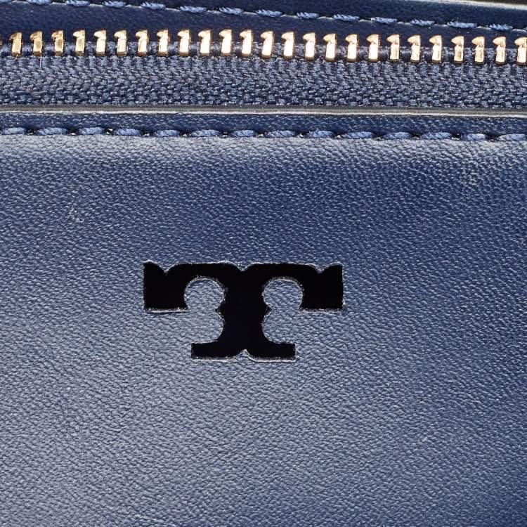 Pre Owned Tory Burch Navy Blue Leather Block-T Studded Top Handle Bag