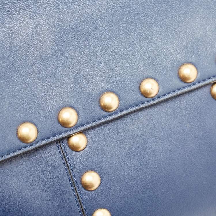 Pre Owned Tory Burch Navy Blue Leather Block-T Studded Top Handle Bag