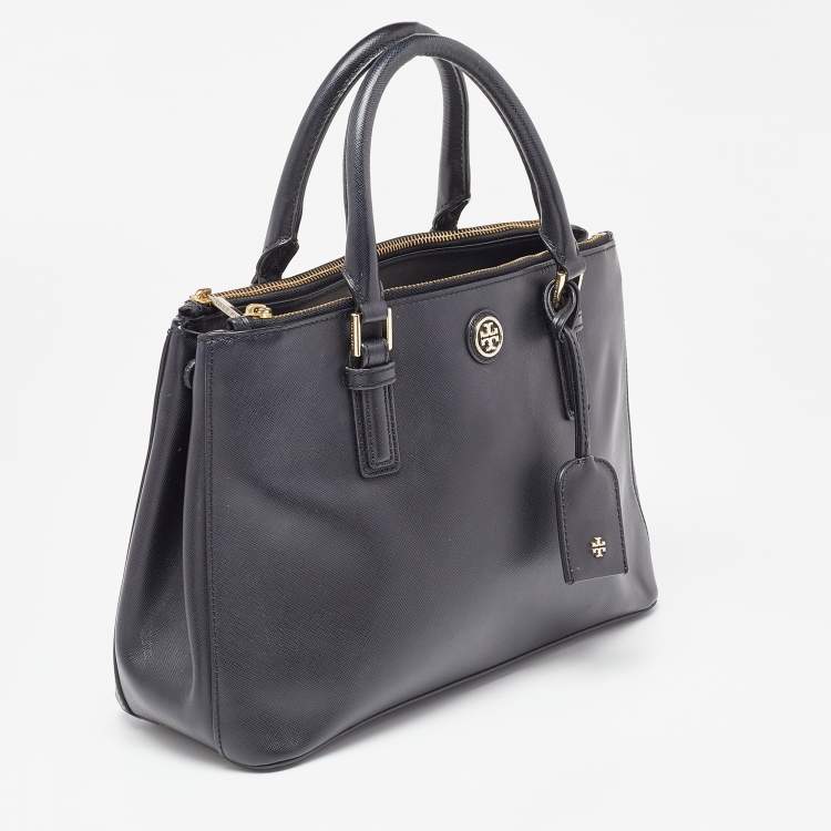 Pre Owned Tory Burch Black Leather Double Zip Robinson Tote 