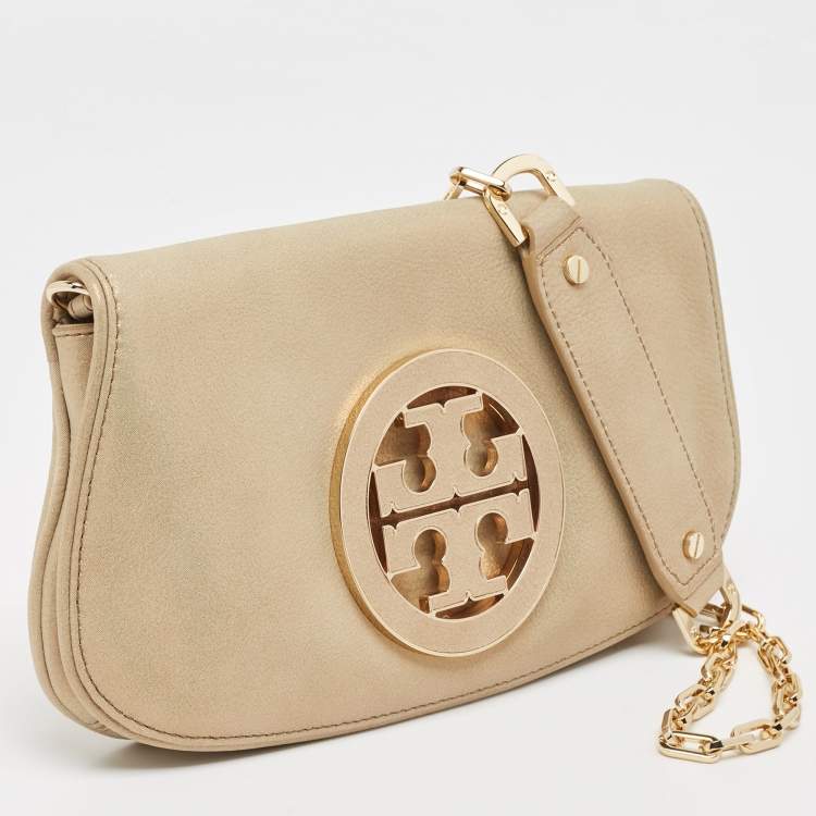 Pre Owned Tory Burch Beige Shimmer Nubuck Leather Miller Clutch Bag