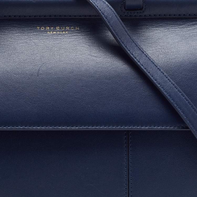 Pre Owned Tory Burch Navy Blue Leather Block T Top Handle Bag
