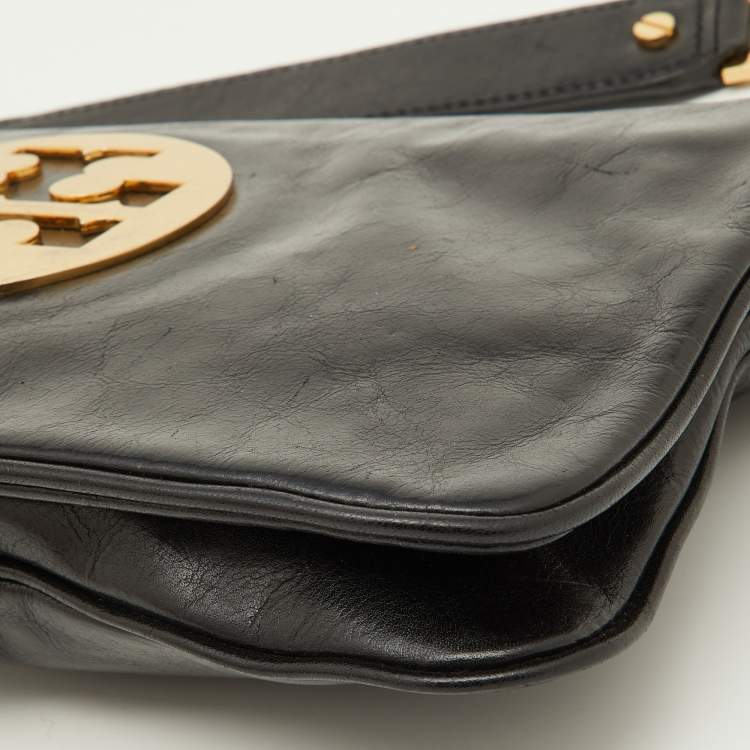 Pre Owned Tory Burch Black Leather Reva Logo Shoulder Bag 