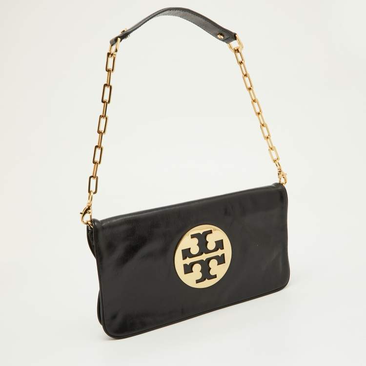 Pre Owned Tory Burch Black Leather Reva Logo Shoulder Bag 