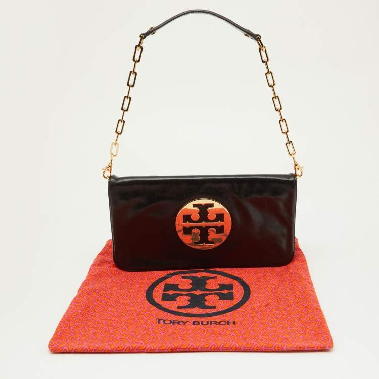Pre Owned Tory Burch Black Leather Reva Logo Shoulder Bag 