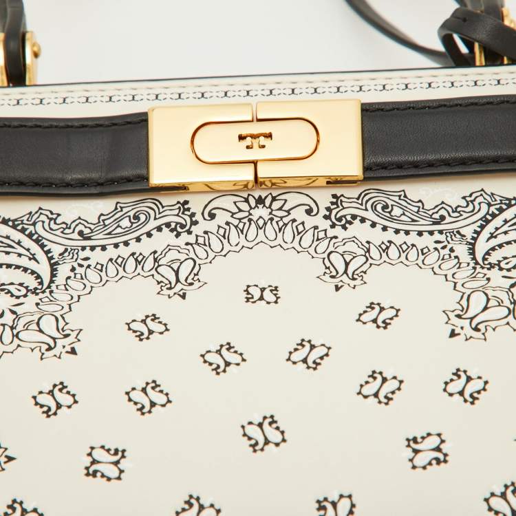 Pre Owned Tory Burch Off White/Black Leather Petite Lee Radziwill Top Handle Bag