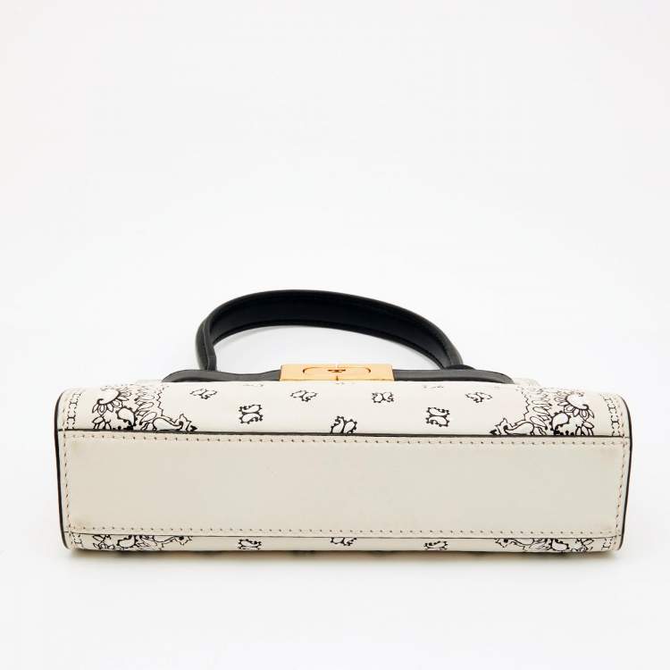 Pre Owned Tory Burch Off White/Black Leather Petite Lee Radziwill Top Handle Bag
