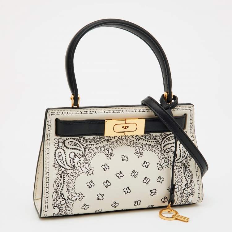 Pre Owned Tory Burch Off White/Black Leather Petite Lee Radziwill Top Handle Bag