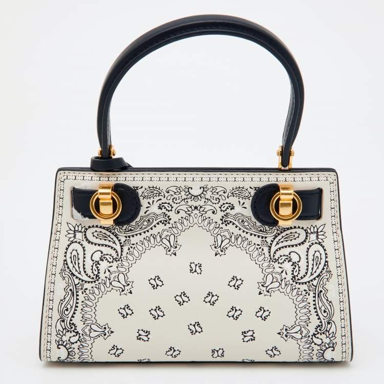 Pre Owned Tory Burch Off White/Black Leather Petite Lee Radziwill Top Handle Bag