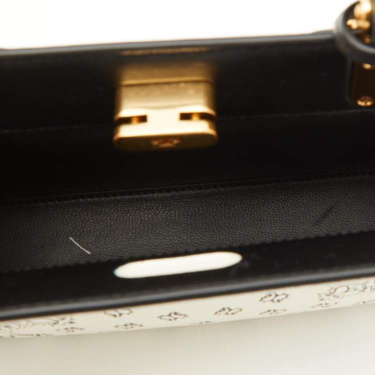 Pre Owned Tory Burch Off White/Black Leather Petite Lee Radziwill Top Handle Bag