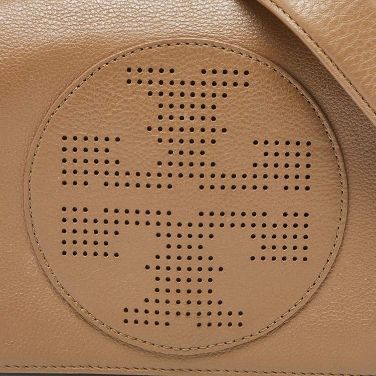 Pre Owned Tory Burch Brown Perforated Logo Leather Flap Crossbody Bag