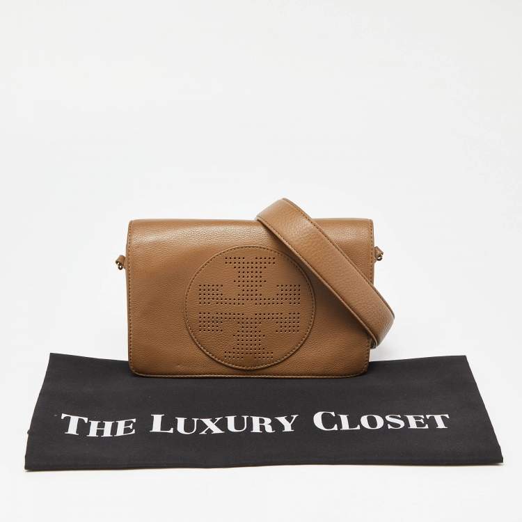 Pre Owned Tory Burch Brown Perforated Logo Leather Flap Crossbody Bag