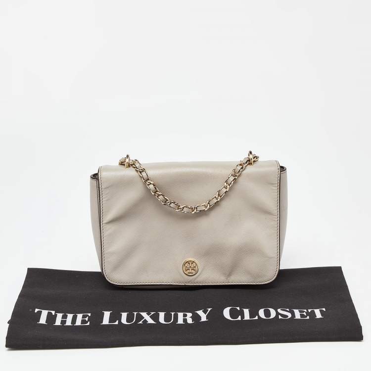 Pre Owned Tory Burch Beige Leather Flap Crossbody Bag