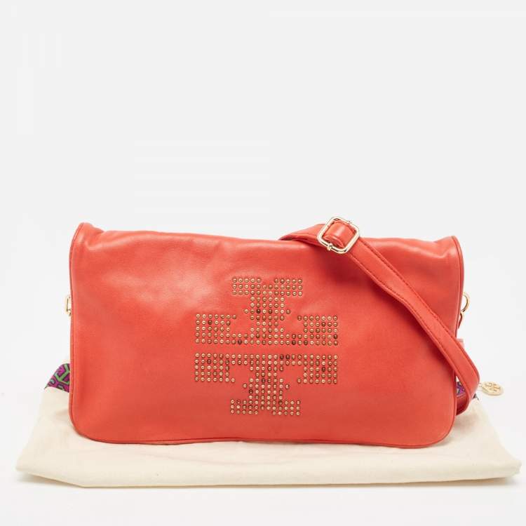 Pre Owned Tory Burch Red Studded Leather Crossbody Bag