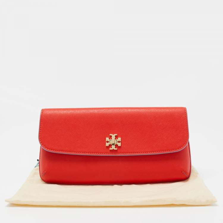 Pre Owned Tory Burch Red Leather Slim Diana Flap Clutch