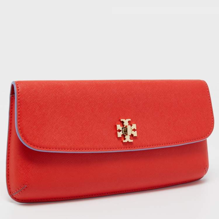 Pre Owned Tory Burch Red Leather Slim Diana Flap Clutch