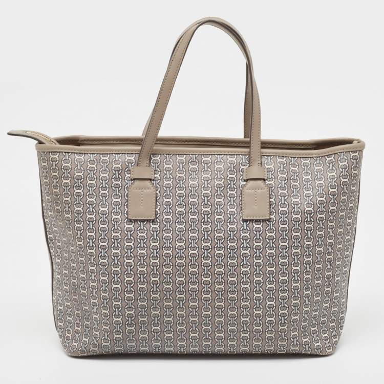 Pre Owned Tory Burch Grey Coated Canvas and Leather Gemini Link Zip Tote