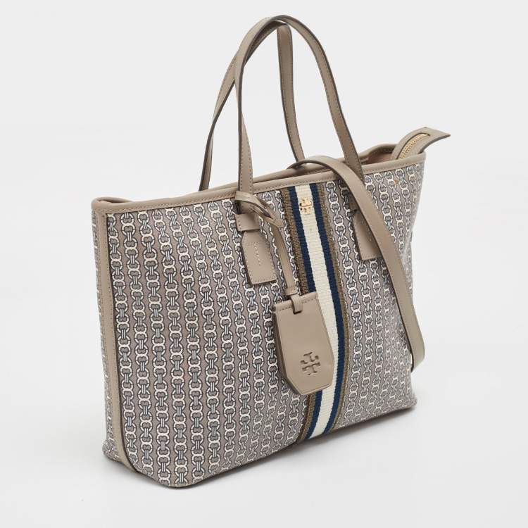 Pre Owned Tory Burch Grey Coated Canvas and Leather Gemini Link Zip Tote