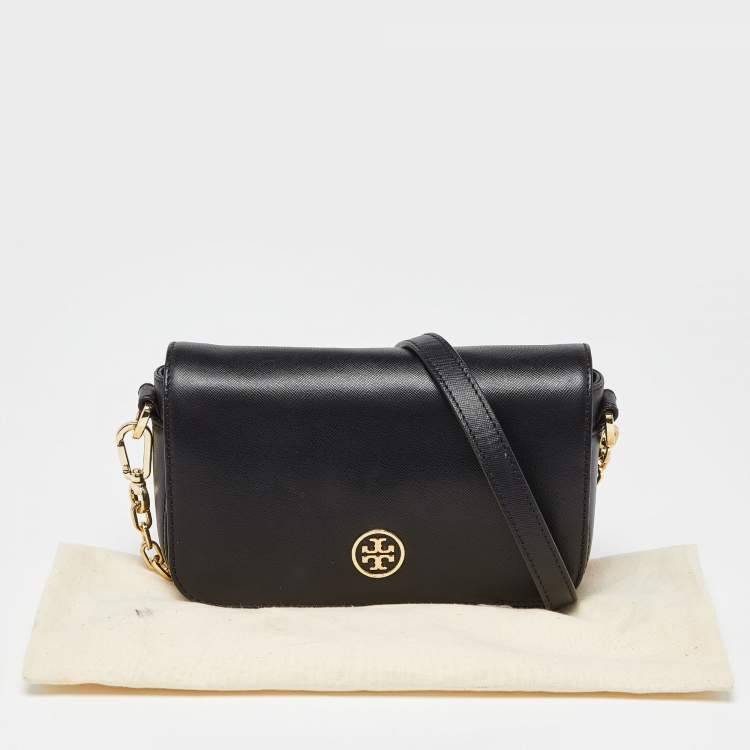 Pre Owned Tory Burch Black Leather Robinson Flap Crossbody Bag