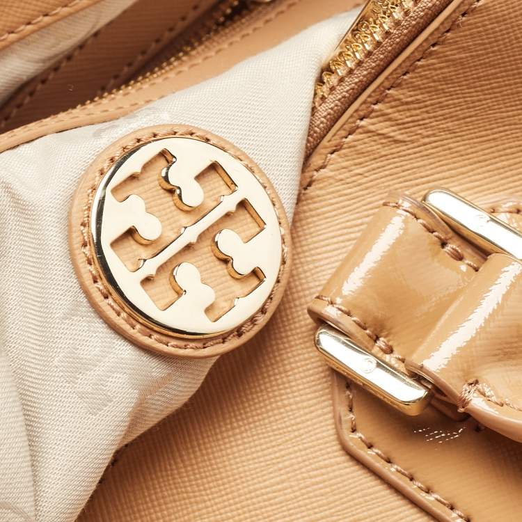 Pre Owned Tory Burch Beige Saffiano Patent and Leather Robinson Double Zip Tote