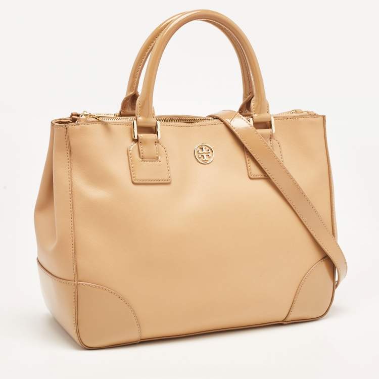 Pre Owned Tory Burch Beige Saffiano Patent and Leather Robinson Double Zip Tote