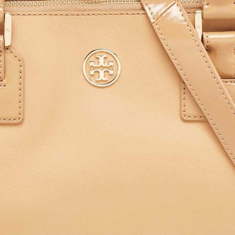 Pre Owned Tory Burch Beige Saffiano Patent and Leather Robinson Double Zip Tote