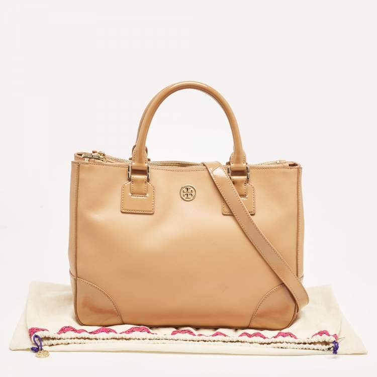 Pre Owned Tory Burch Beige Saffiano Patent and Leather Robinson Double Zip Tote