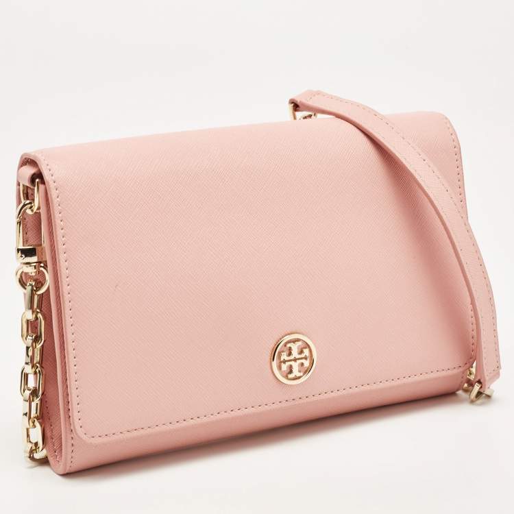 Pre Owned Tory Burch Light Pink Leather Robinson Chain Clutch 