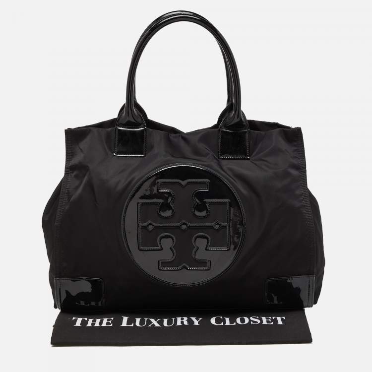 Pre Owned Tory Burch Black Patent Leather and Nylon Large Ella Tote