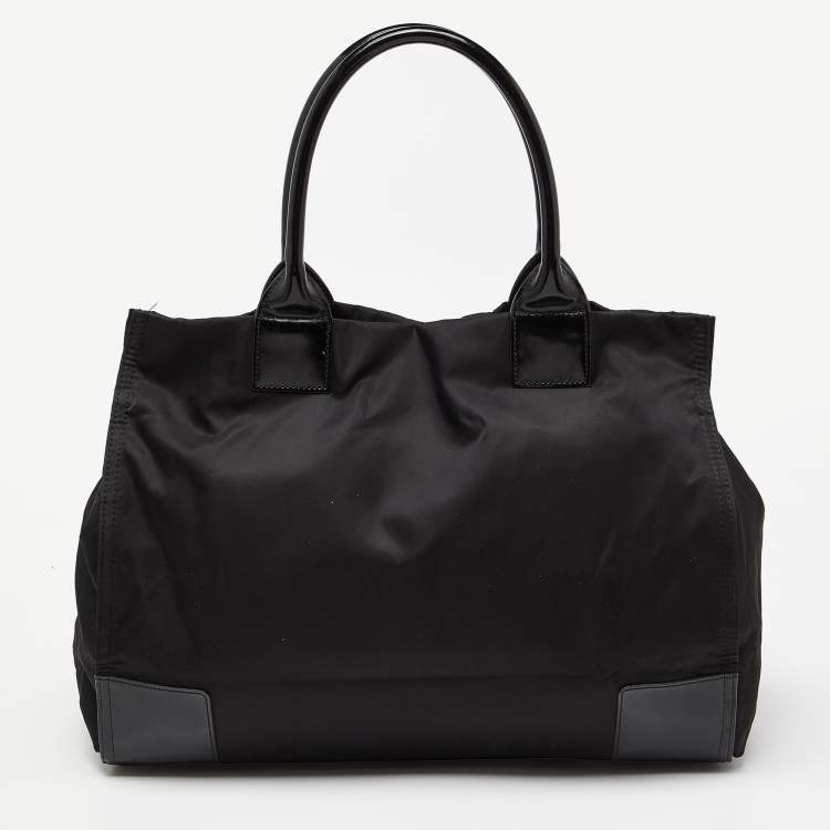 Pre Owned Tory Burch Black Patent Leather and Nylon Large Ella Tote