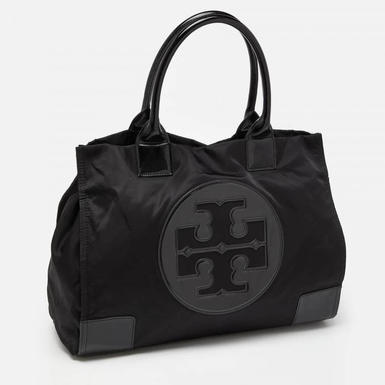 Pre Owned Tory Burch Black Patent Leather and Nylon Large Ella Tote