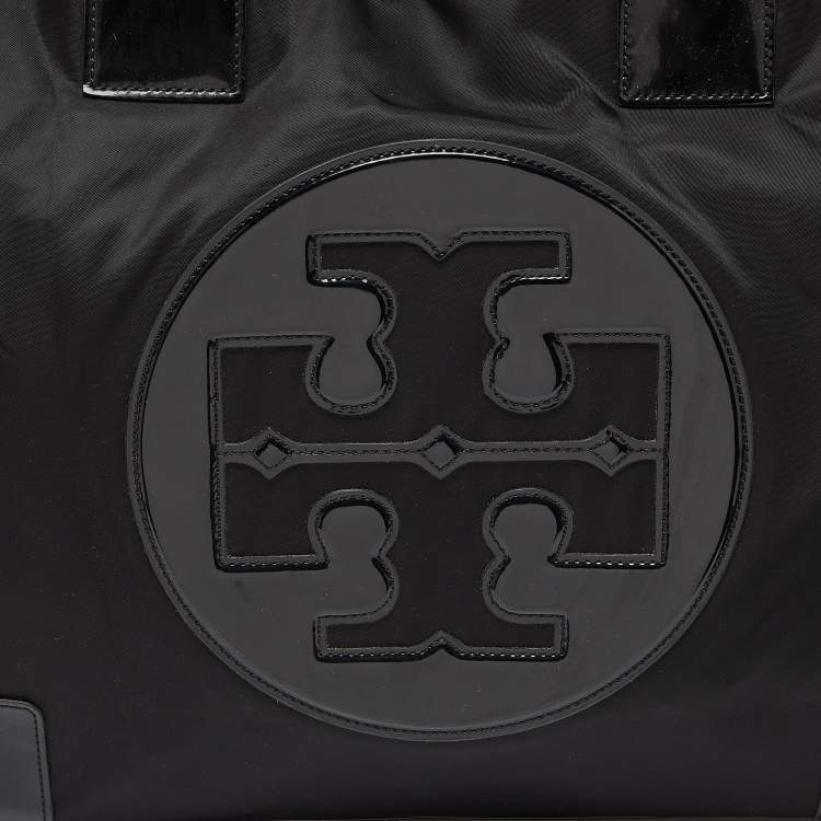 Pre Owned Tory Burch Black Patent Leather and Nylon Large Ella Tote