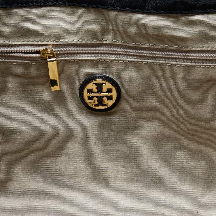 Pre Owned Tory Burch Black Patent Leather and Nylon Large Ella Tote