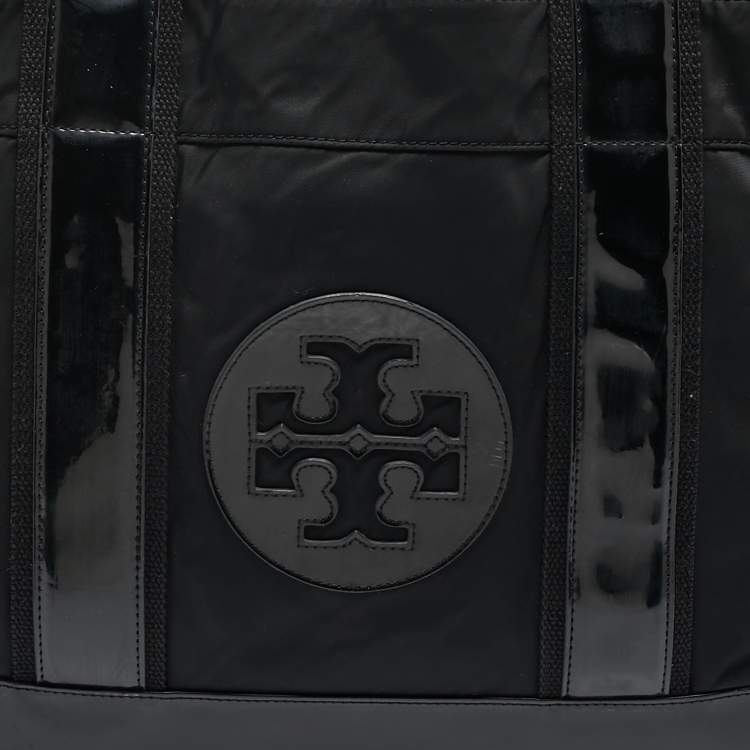 Pre Owned Tory Burch Black Patent Leather and Nylon Large Ella Tote