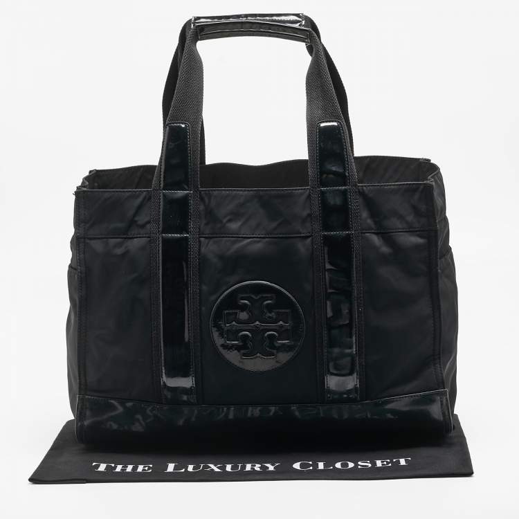 Pre Owned Tory Burch Black Patent Leather and Nylon Large Ella Tote