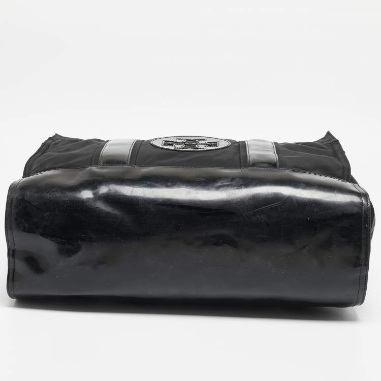 Pre Owned Tory Burch Black Patent Leather and Nylon Large Ella Tote